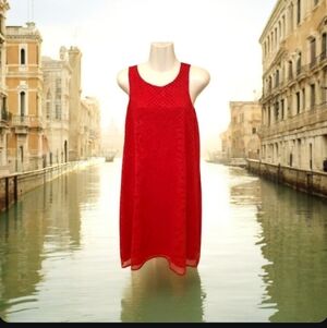 Max Studio Red dress sleeveless lace lining over floral pattern. Size L …